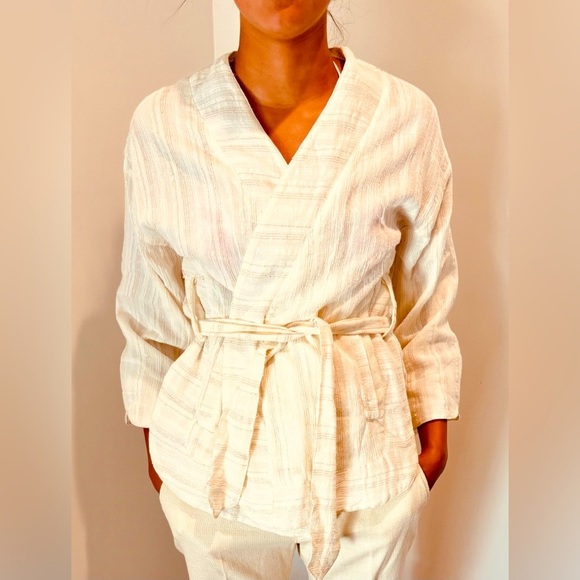 HEI HEI Anthropologie Amita Cream Gold Metallic Stripe Kimono Belted Jacket S - Picture 2 of 9